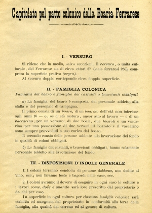 Prima pagina del contratto di boaria del 1908 (Ferrara, tip. Ferrariola) 