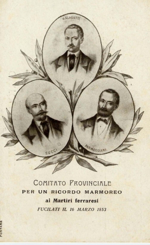 Cartolina commemorativa dell&#039;esecuzione dei patrioti ferraresi Succi, Malagutti e Parmeggiani, 1903 ca.