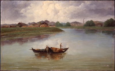 Paesaggio del Po con barche