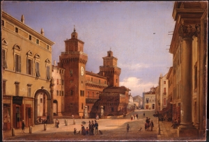 Giuseppe Chittò Barucchi (Ferrara 1817 – 1900), Piazza del Mercato a Ferrara; olio su tela, cm 43 x 62